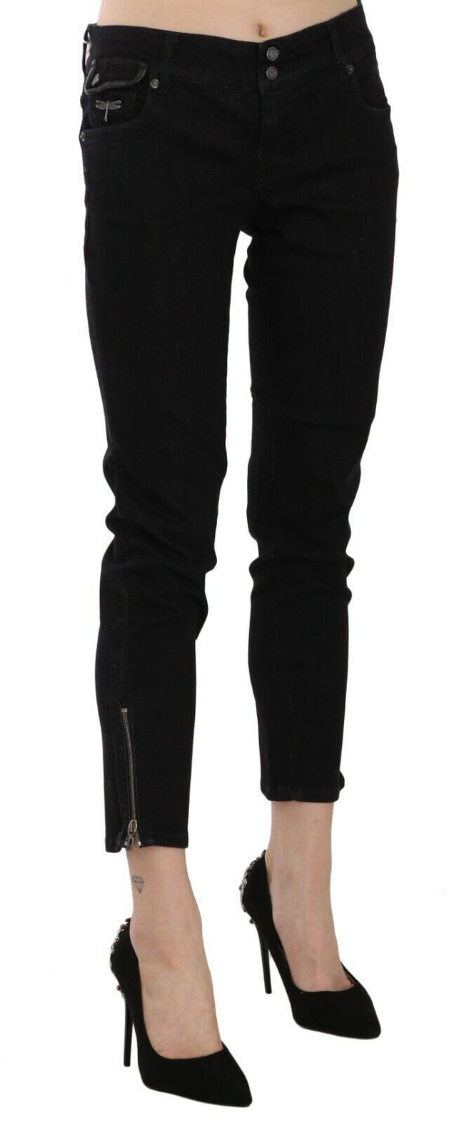 John Galliano Black Mid Waist Cropped Cut Hem Denim Casual Pants