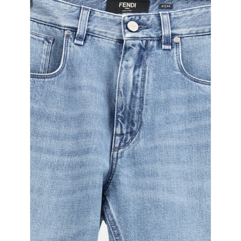 Fendi Light Blue Cotton Straight-Leg Jeans
