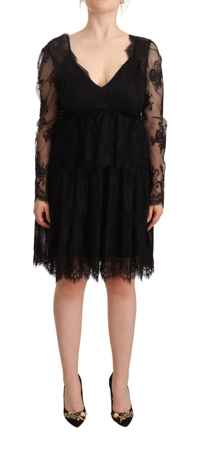 Aniye By Black Floral Lace Cotton Long Sleeves V - neck Shift Dress - HOLLIN STUDIO