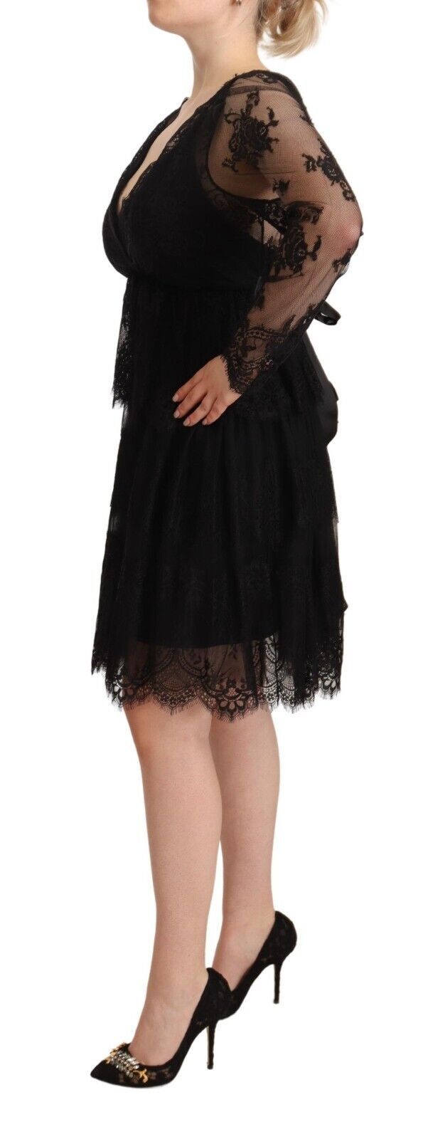 Aniye By Black Floral Lace Cotton Long Sleeves V - neck Shift Dress - HOLLIN STUDIO