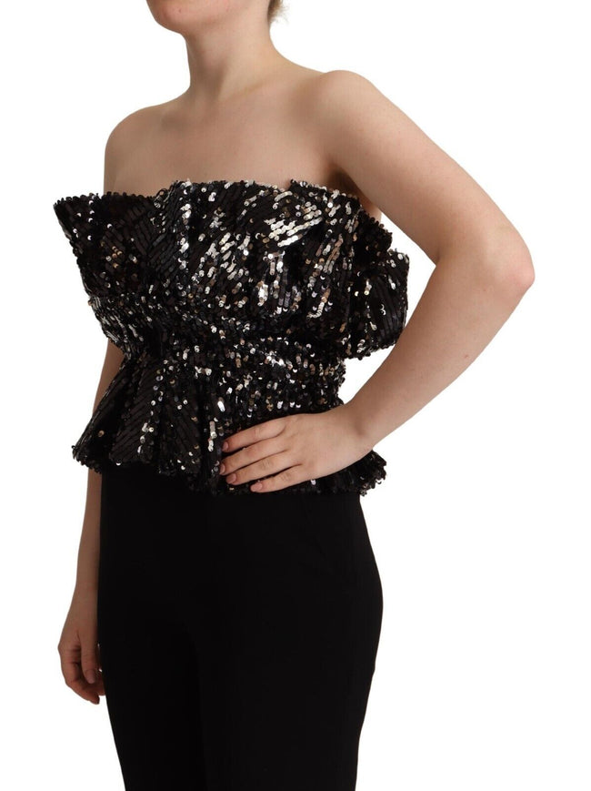 Aniye By Black Sequined Polyester Strapless Cocktail Blouse Top - HOLLIN STUDIO