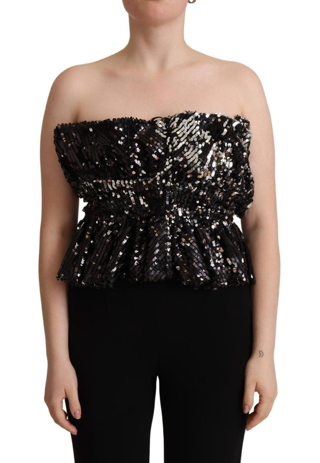 Aniye By Black Sequined Polyester Strapless Cocktail Blouse Top - HOLLIN STUDIO