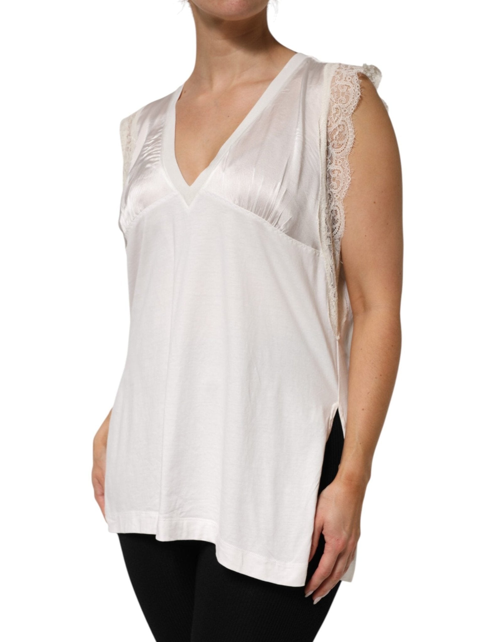 PINKO White Silk Blend Lace Trim Sleeveless V - Neck Women’s Top - HOLLIN STUDIO